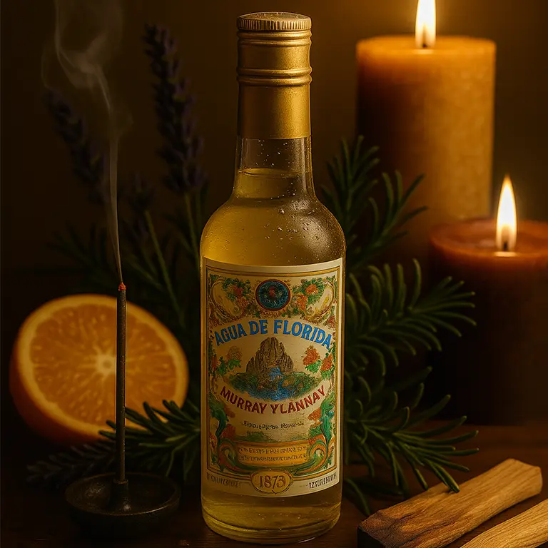 Visuel spirituel avec Agua de Florida, bougie et agrume