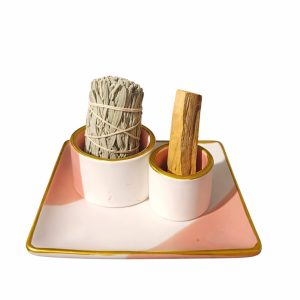 Brûleur en Céramique Smudge & Palo Santo – Fleur Rose/Blanc/Or