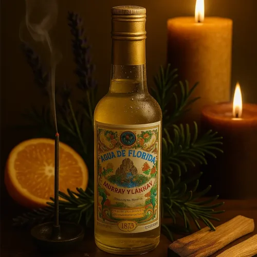 Visuel spirituel avec Agua de Florida, bougie et agrume