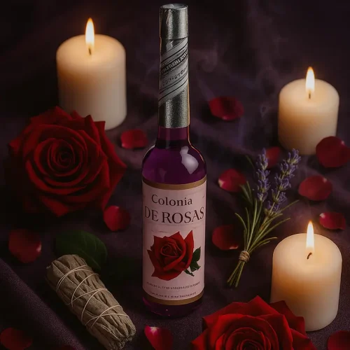 Visuel spirituel avec Agua de Rosas, pétales et sauge